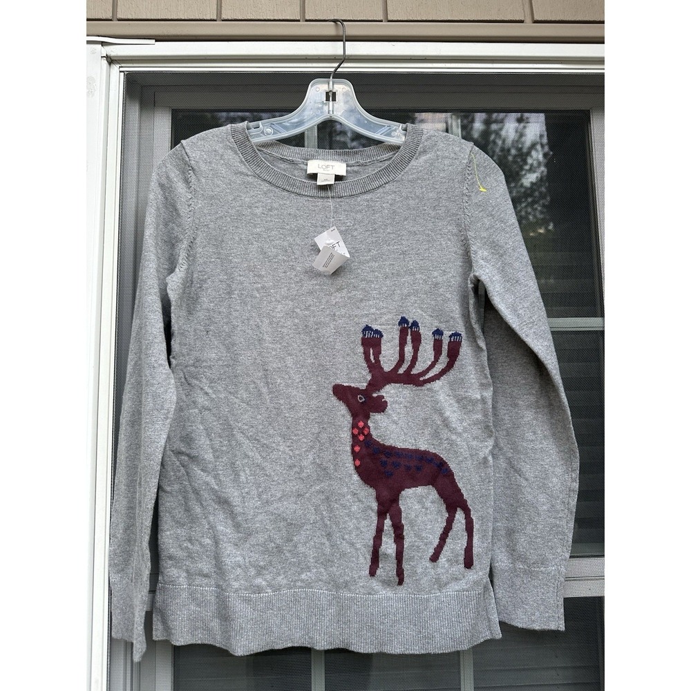 Loft Outlet gray reindeer Christmas holiday sweater Women's XS New W